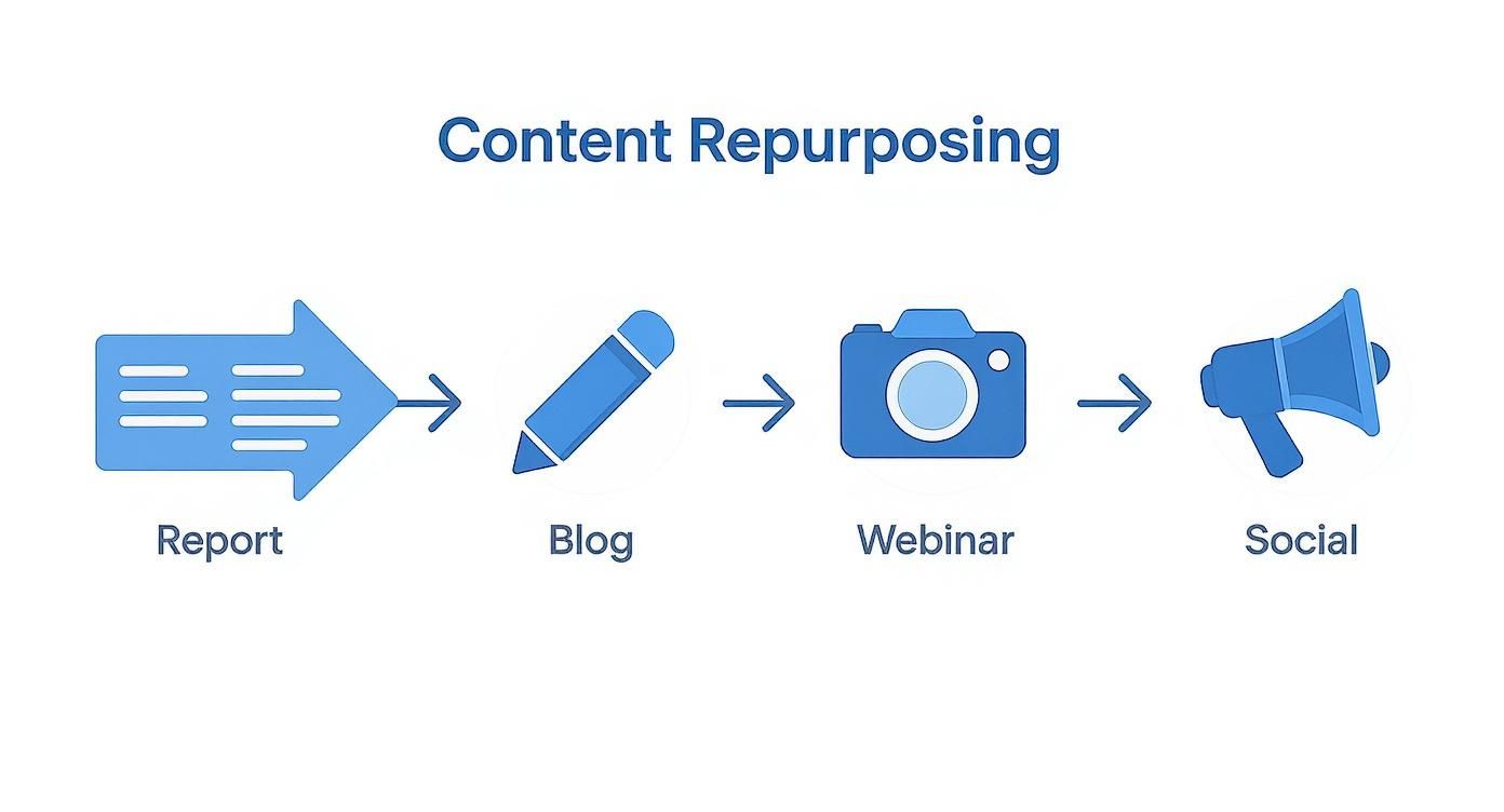 Content repurposing process flow diagram showing report to blog to webinar to social media transformation