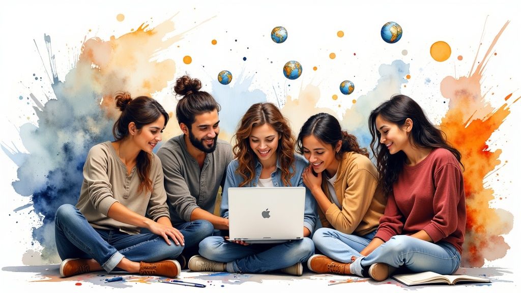 A group of diverse people collaborating on a video project, symbolizing global reach.