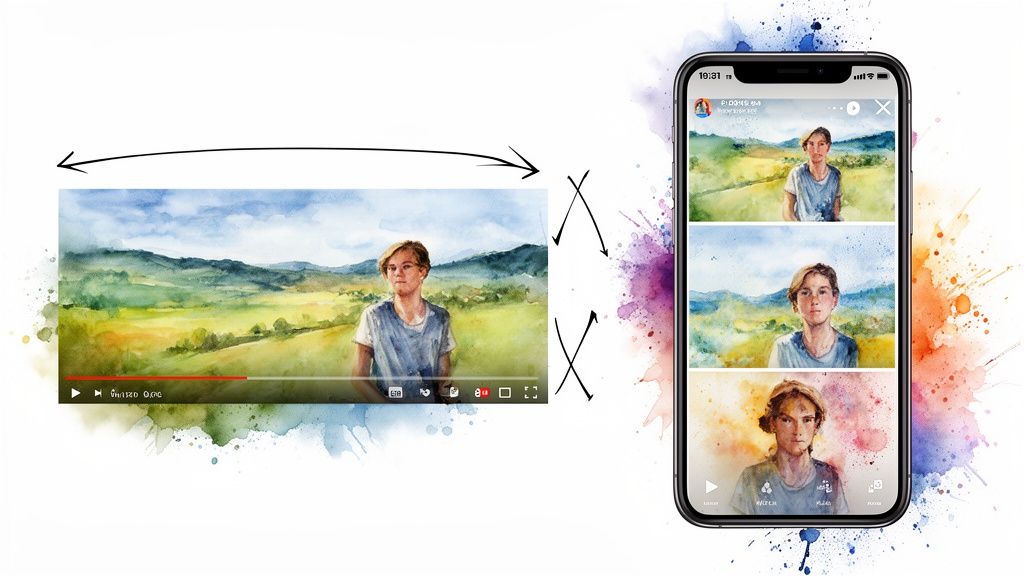 A landscape watercolor video frame transforms into multiple portrait frames displayed on a modern smartphone.