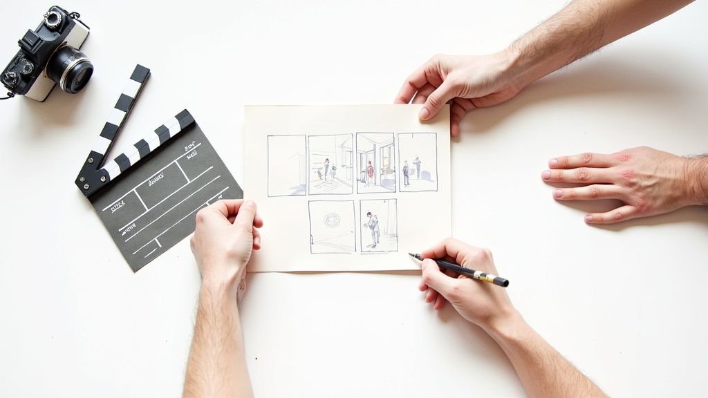 A person's hands sketching a video storyboard with various panels on a wooden desk
