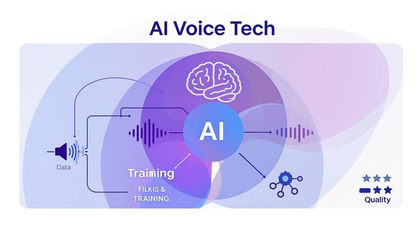 Diagram illustrating the AI voice technology process, showing data input, training, AI processing, and quality output.