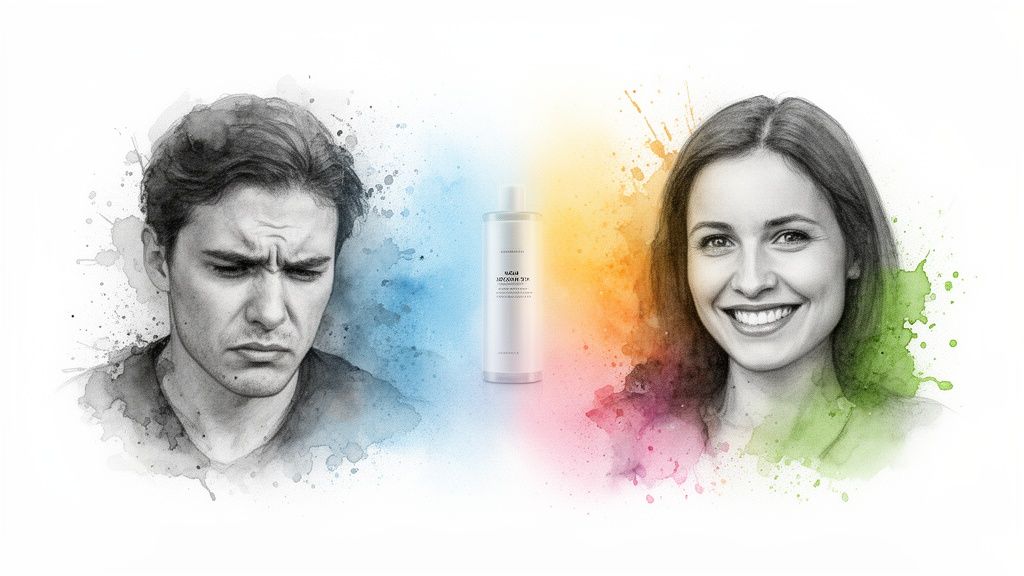 A cosmetic bottle separating a frowning man and a smiling woman, with colorful watercolor splashes.