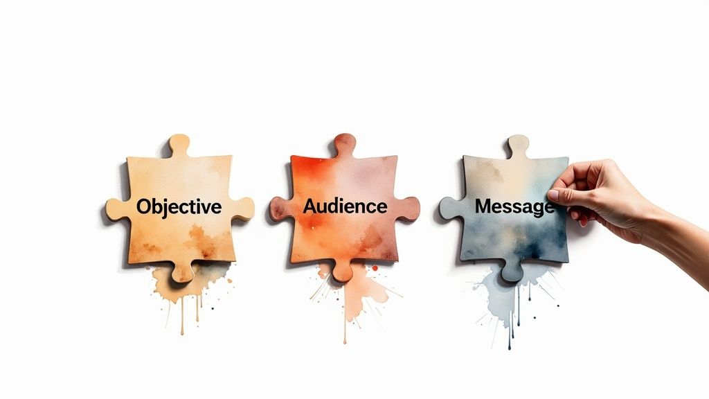 A visually organized desk with notes, sketches, and a tablet, representing the components of a creative brief coming together.