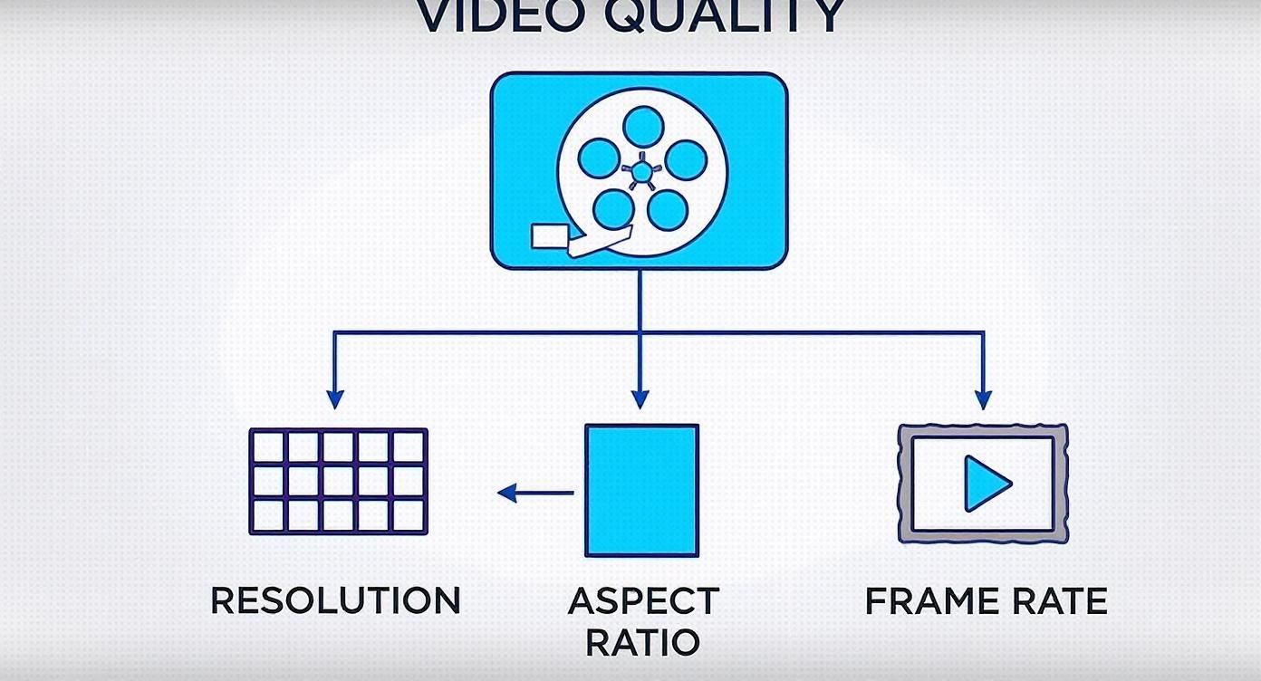 Diagram illustrating key factors of video quality: resolution, aspect ratio, and frame rate.