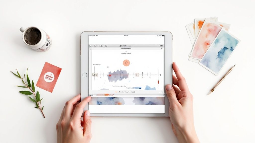 Workflow diagram showing text being converted into an AI video with branding elements applied.