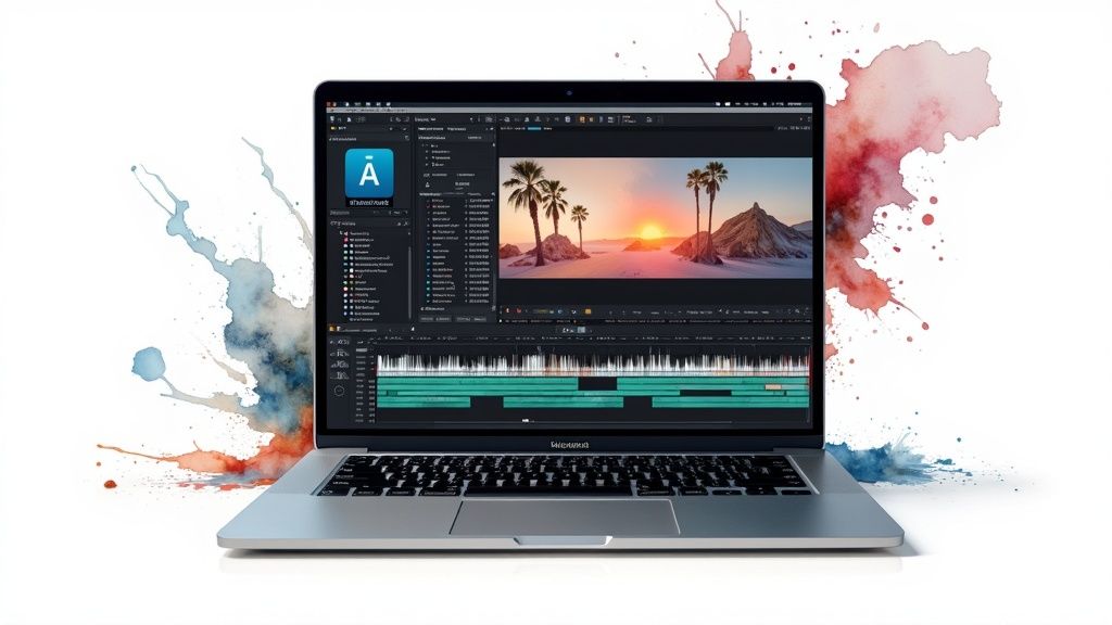 An AI voice actor being used in a video production setting, with soundwaves transforming into visual content.