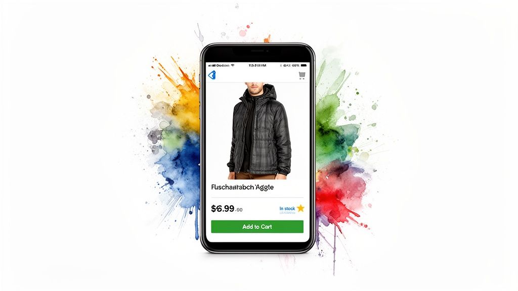 A smartphone displays an e-commerce page with a black men's jacket and 'Add to Cart' button.