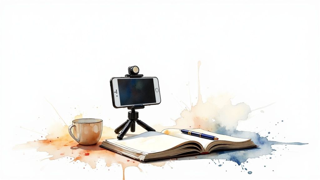A person is filming a high-quality video for social media using only their smartphone mounted on a small tripod, with good natural light from a window.
