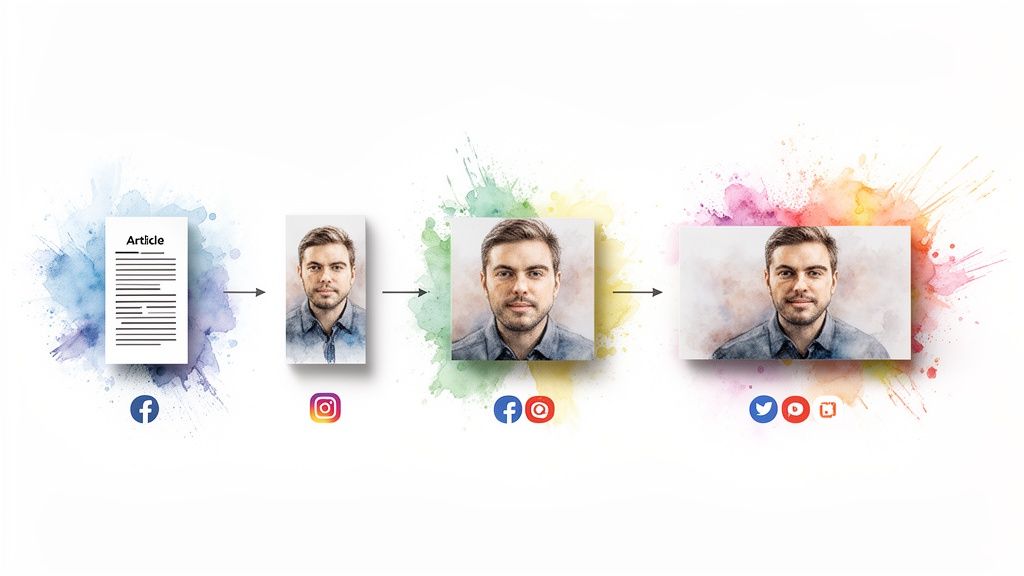 An article document transformed into different image formats for various social media platforms.