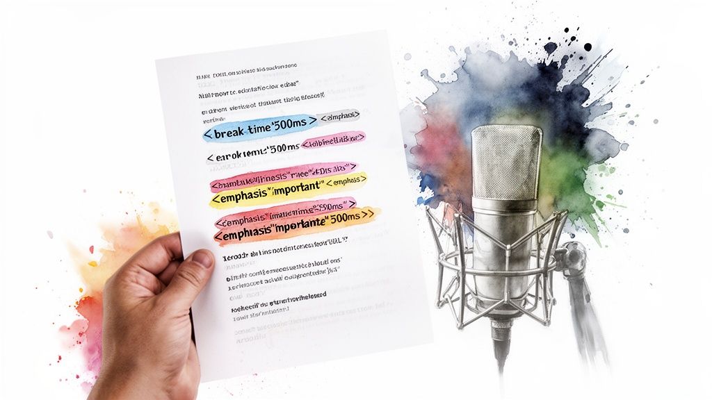 A hand holds a document with highlighted text-to-speech code, next to a studio microphone.