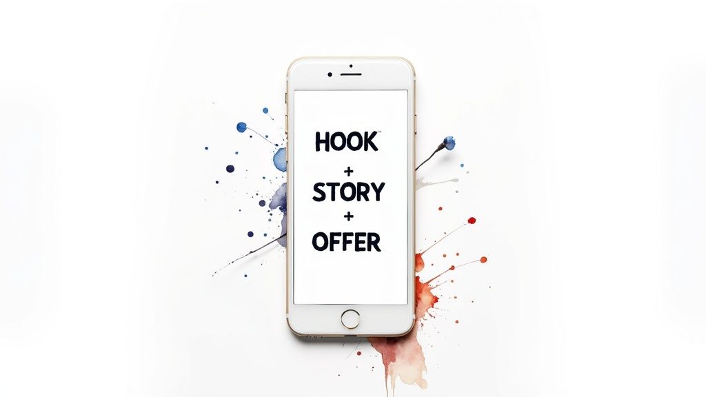 A smartphone screen displays 'HOOK + STORY + OFFER', surrounded by vibrant red and blue paint splashes.