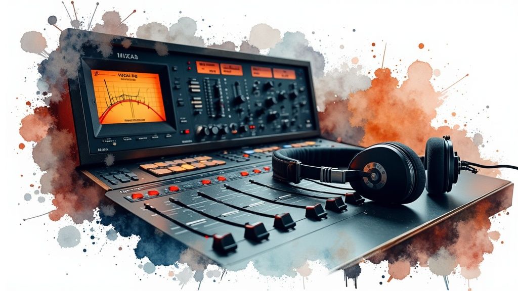 A sound engineer at a mixing console, adjusting levels for a professional audio finish.