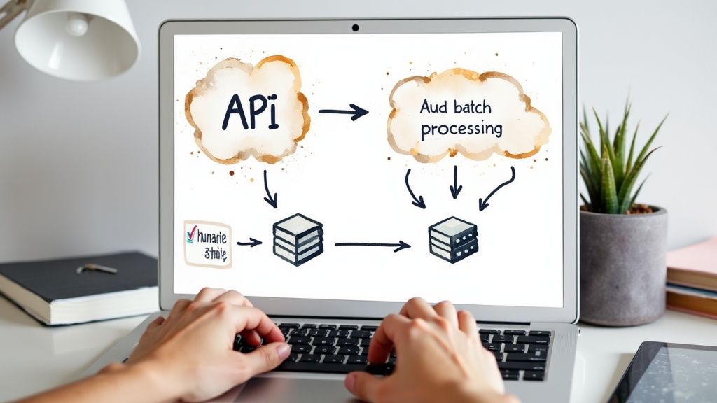 Two professionals collaborating on a laptop, illustrating workflow integration of lip sync technology.
