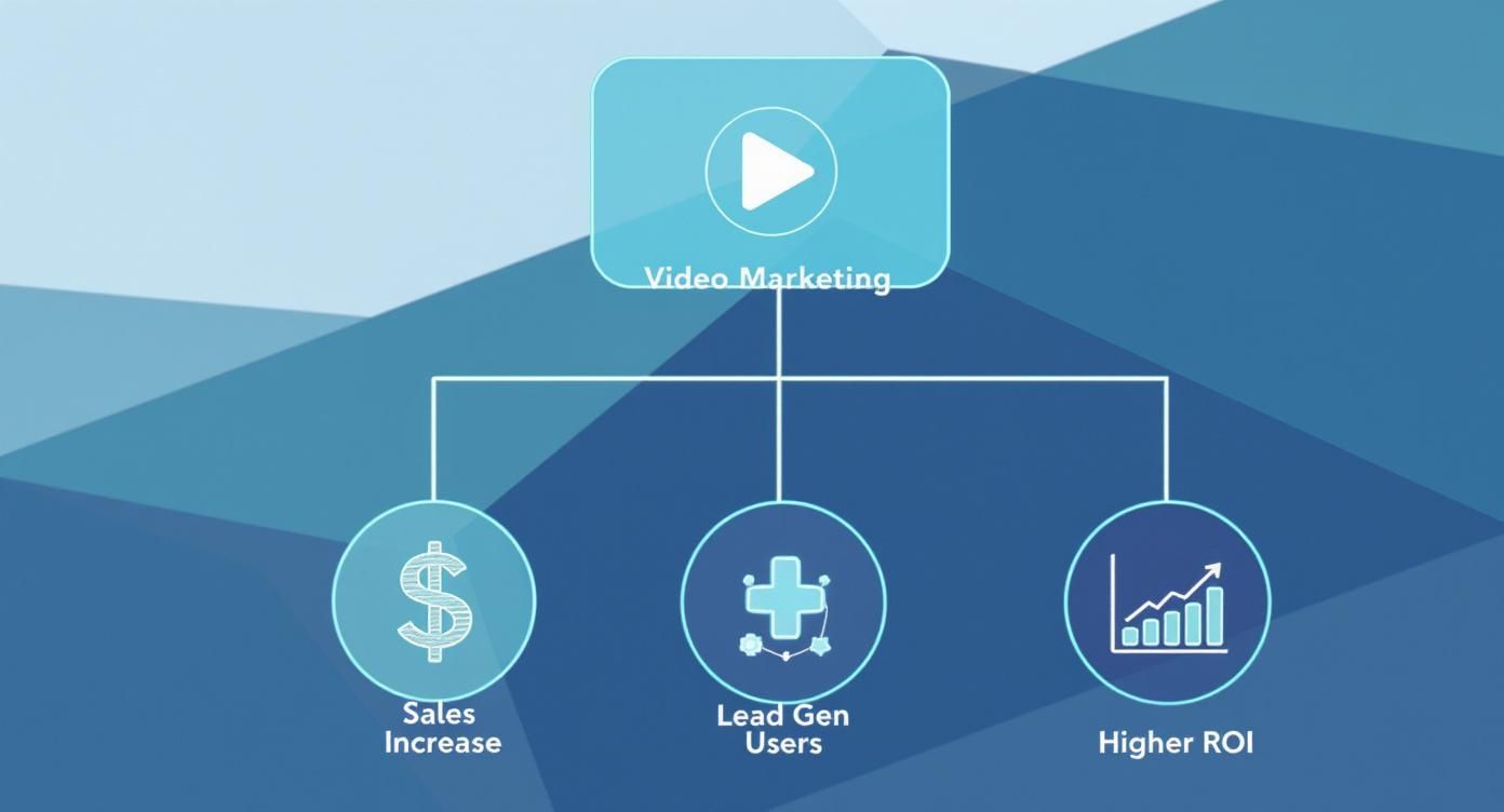 A diagram illustrating video marketing's benefits, including sales increase, lead generation, and higher ROI.