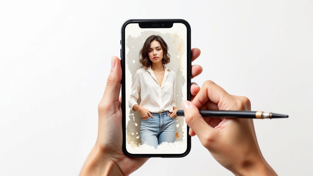 Hands holding a smartphone displaying a stylish woman's portrait, with a stylus interacting on the screen.