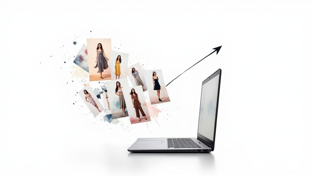 Laptop with colorful fashion photos emerging, alongside paint splatters and an upward trend arrow.