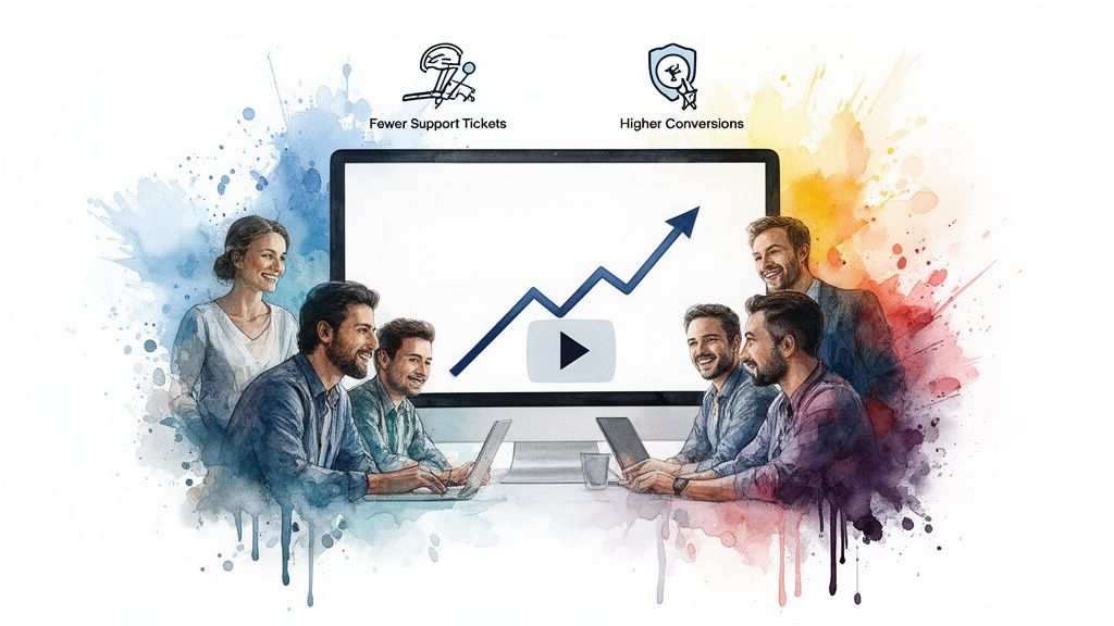 A team celebrating business growth with a rising graph on screen, indicating fewer support tickets and higher conversions.