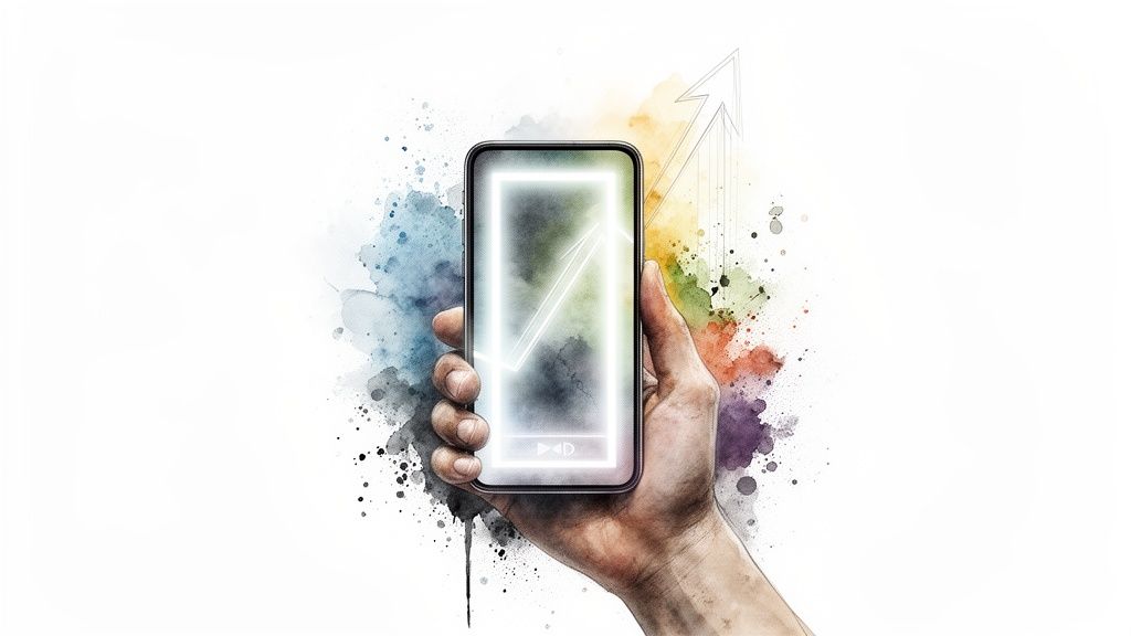 A hand holds a smartphone with a glowing screen showing an upward trend, surrounded by colorful watercolor splashes.