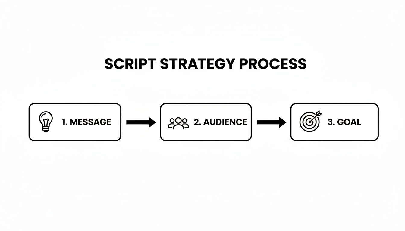 A script strategy process diagram outlines three steps: message, audience, and goal with icons.