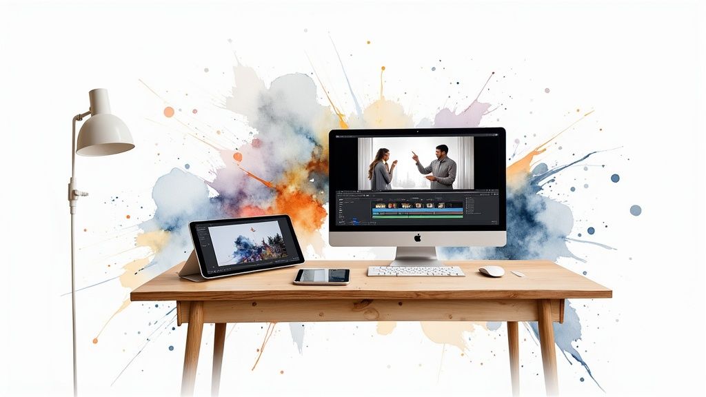 A person easily creating a video product demonstration on a computer using modern tools.