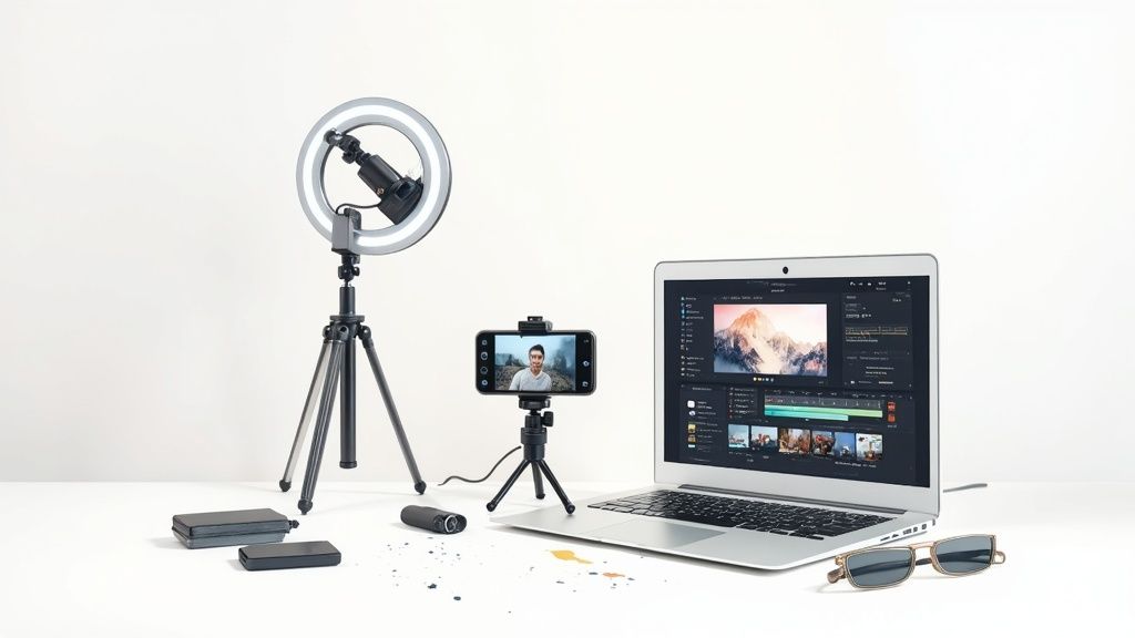 A complete video creation setup with a ring light, smartphone on a tripod, and a laptop displaying editing software.