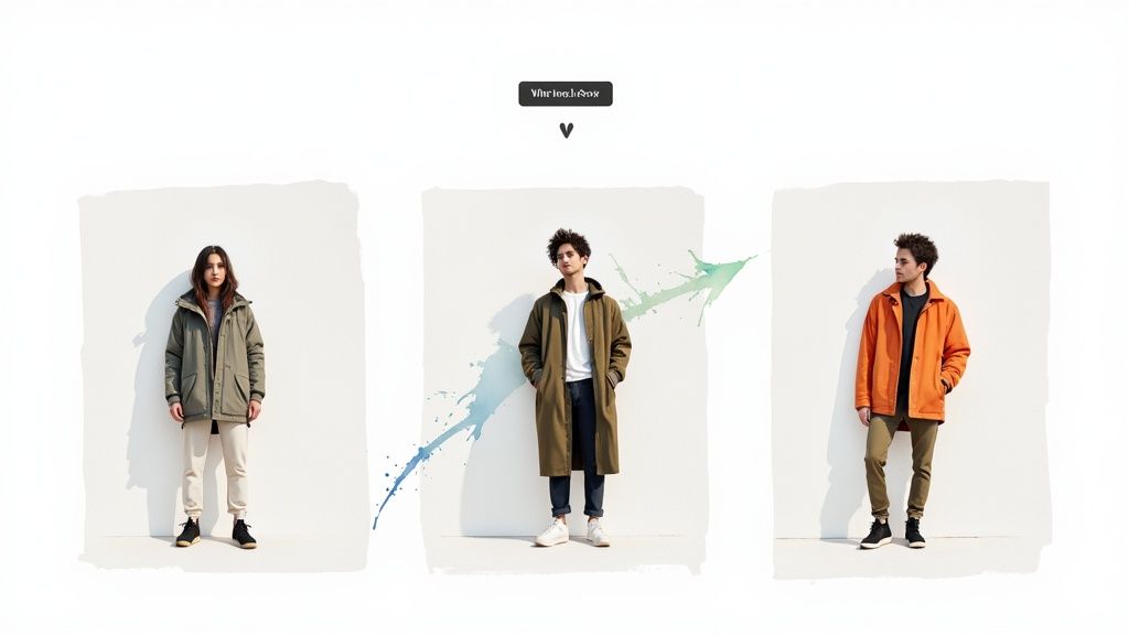 Diverse models display casual fall and winter coats and jackets on a white background.