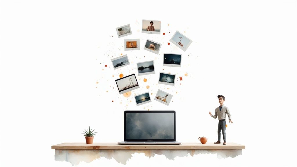 A business team collaborating around a computer screen showing video analytics and charts.