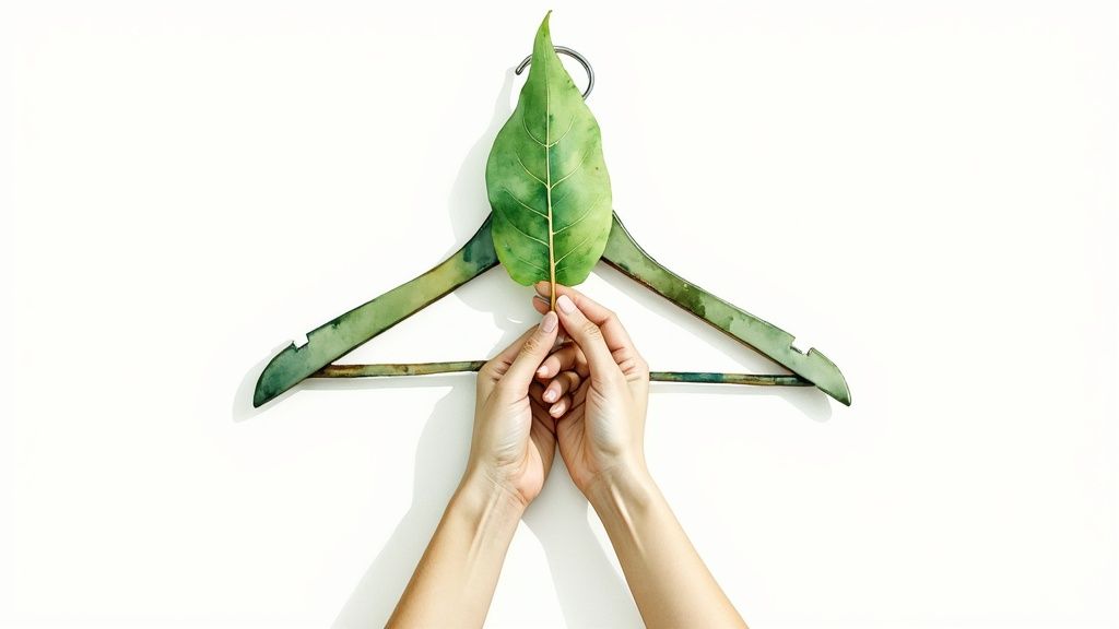 A collage showcasing sustainable fashion concepts like recycled fabrics, ethical production, and nature-inspired designs.