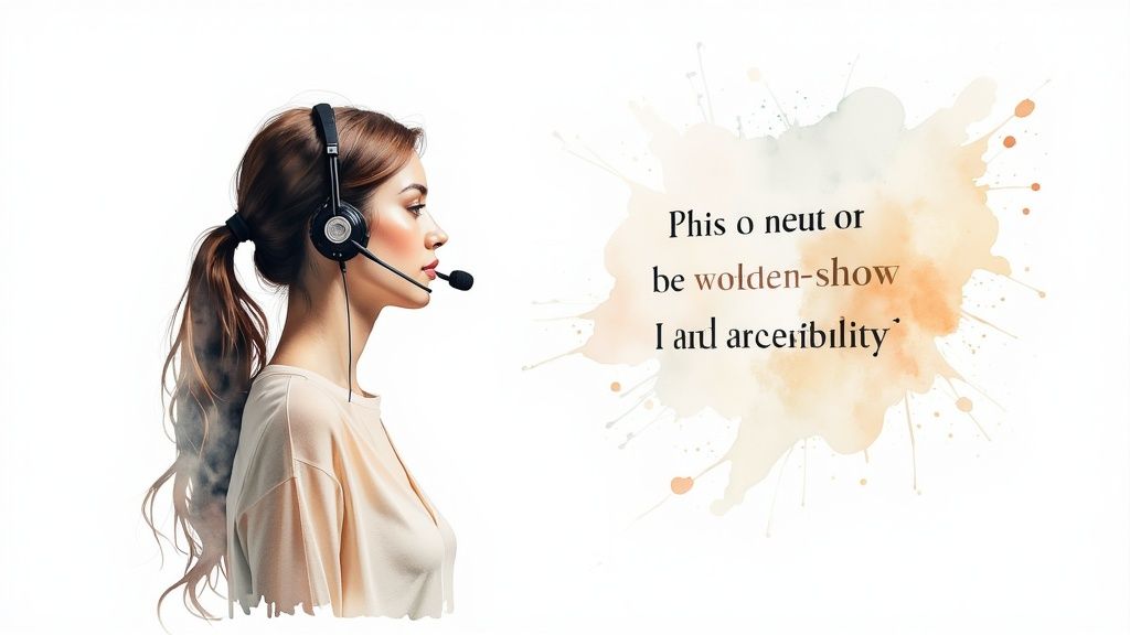 A person wearing headphones and speaking into a professional microphone, with a laptop showing a presentation in the background.