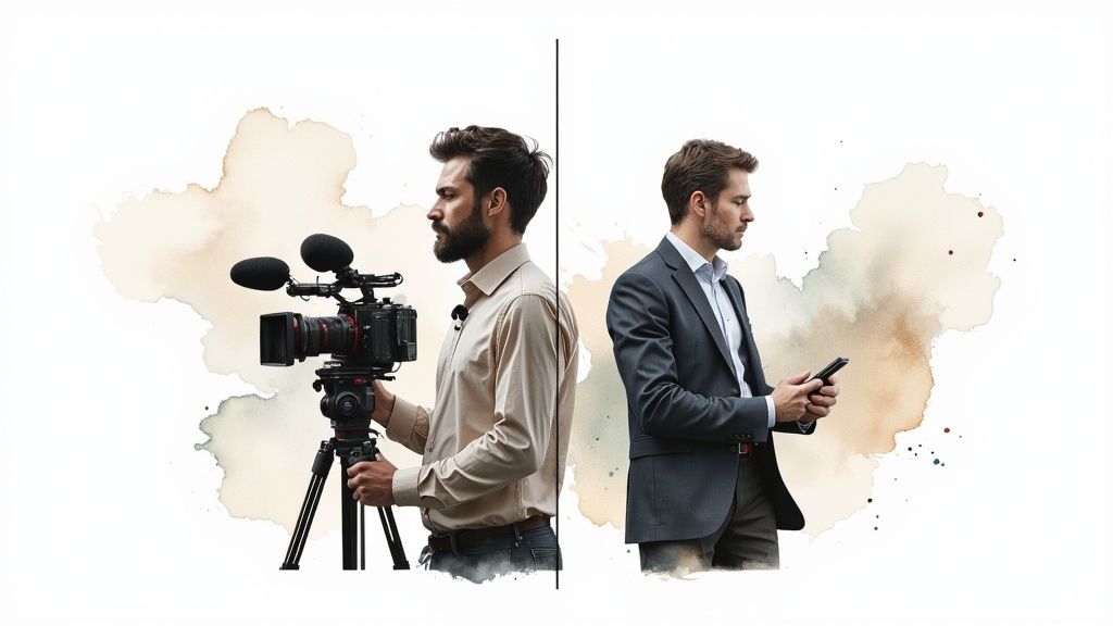 Two men represent media roles, one a videographer with a camera, the other a businessman with a phone.