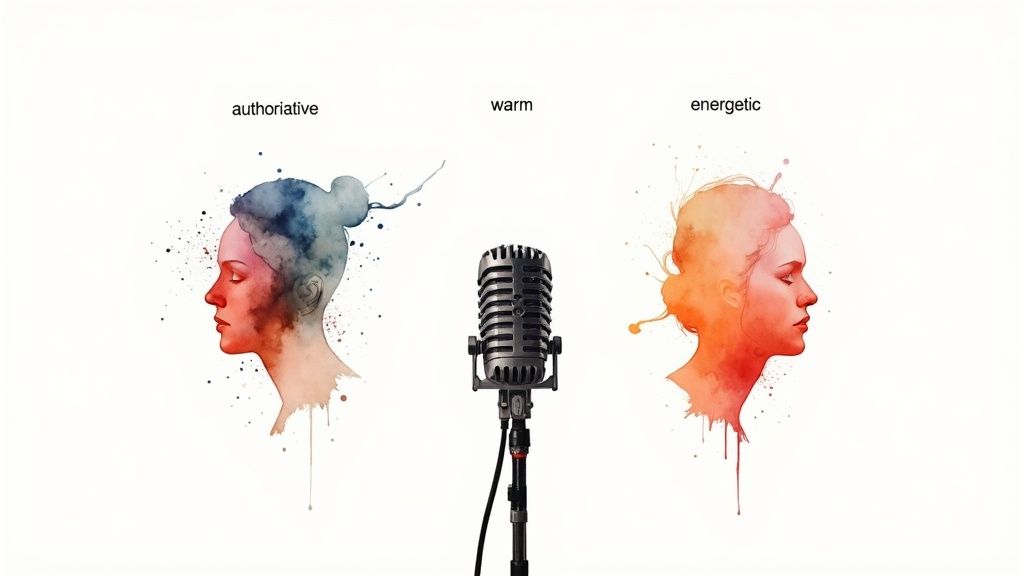 Watercolor illustrations of female profiles representing authoritative, warm, and energetic voice qualities around a microphone.