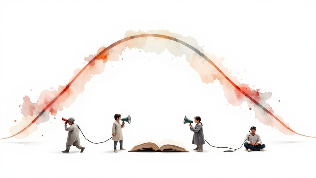 Children and a man communicate through megaphones, a book, and headphones, connected by cables and a watercolor arch.