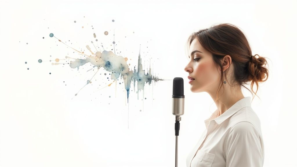 A woman speaks into a microphone, with a watercolor sound wave graphic flowing from it.