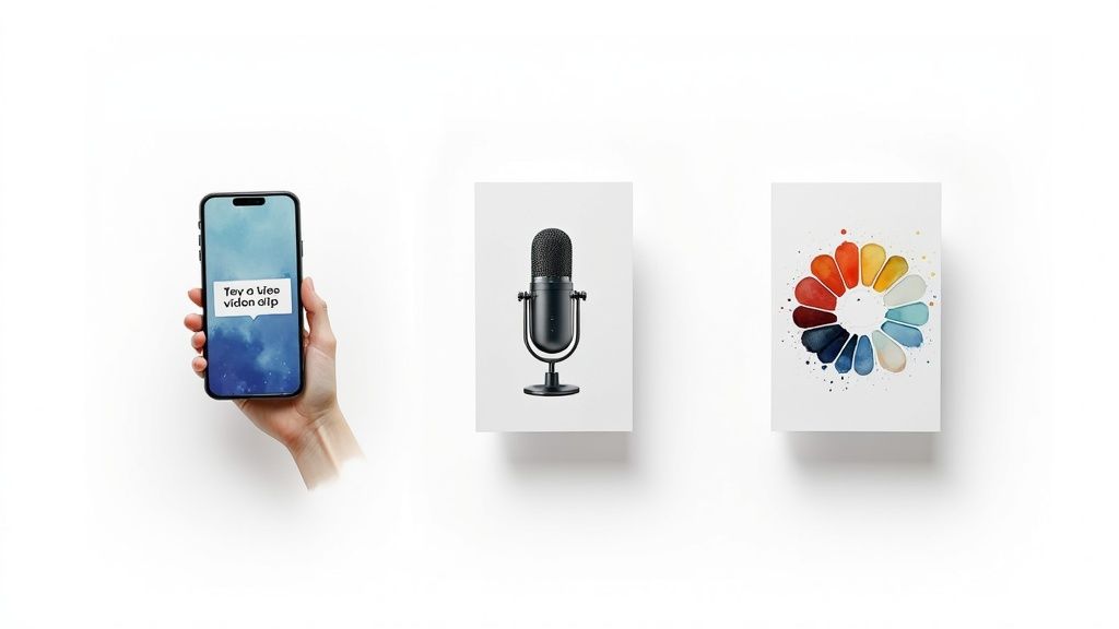 A hand holds a smartphone showing a video message, next to a microphone and a colorful color wheel.