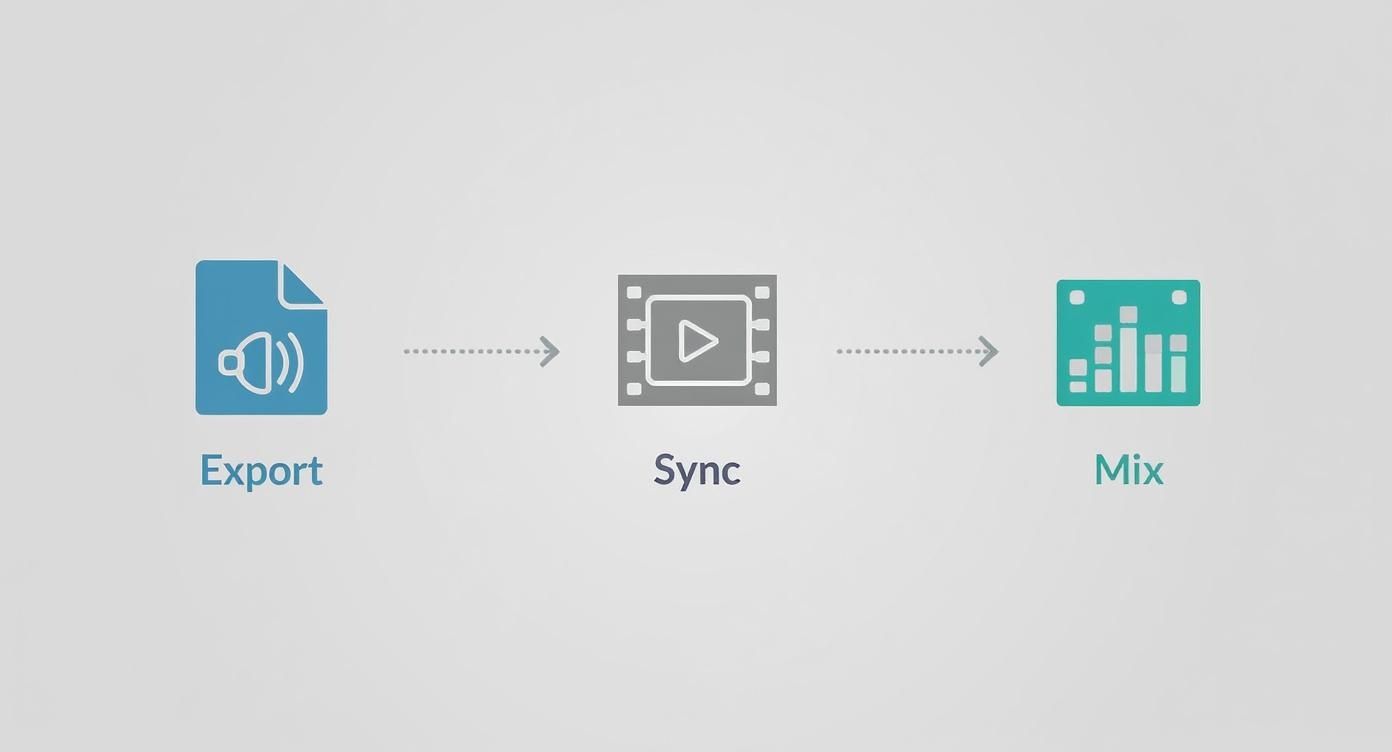Diagram illustrating a three-step audio-video workflow: Export, Sync, and Mix, with descriptive icons.
