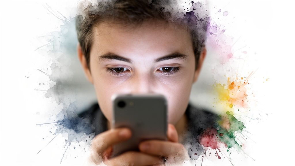 Close-up of a young person intensely looking at a glowing smartphone, surrounded by colorful watercolor splashes.