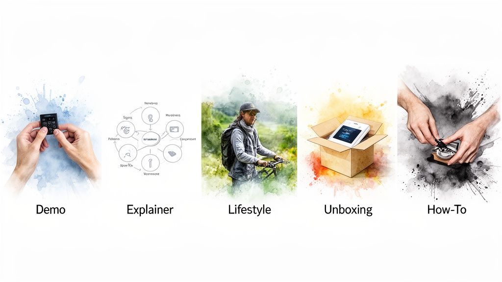 Visual examples of five different product video types: demo, explainer, lifestyle, unboxing, and how-to guides.