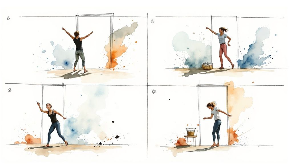 Close-up of a dynamic storyboard with arrows and annotations showing camera movement.