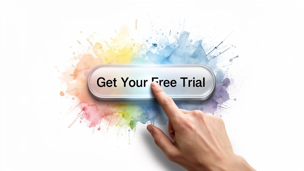 A human hand points to a shiny 'Get Your Free Trial' button over a colorful watercolor splash.
