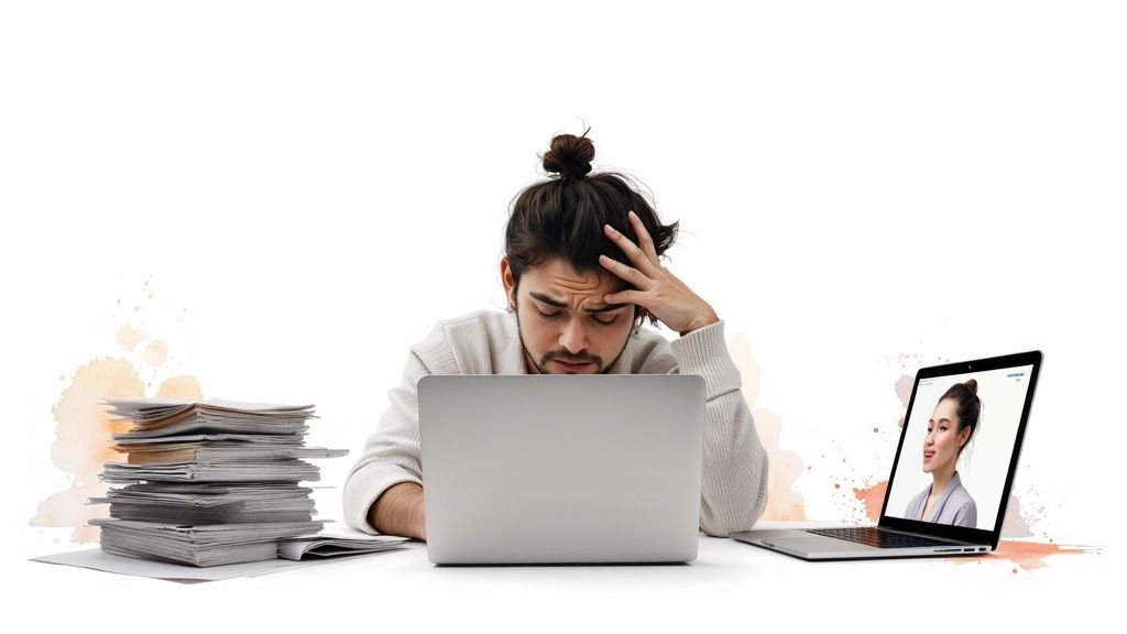A stressed man with a bun hairstyle looking at a laptop, surrounded by paperwork and another laptop showing a woman.