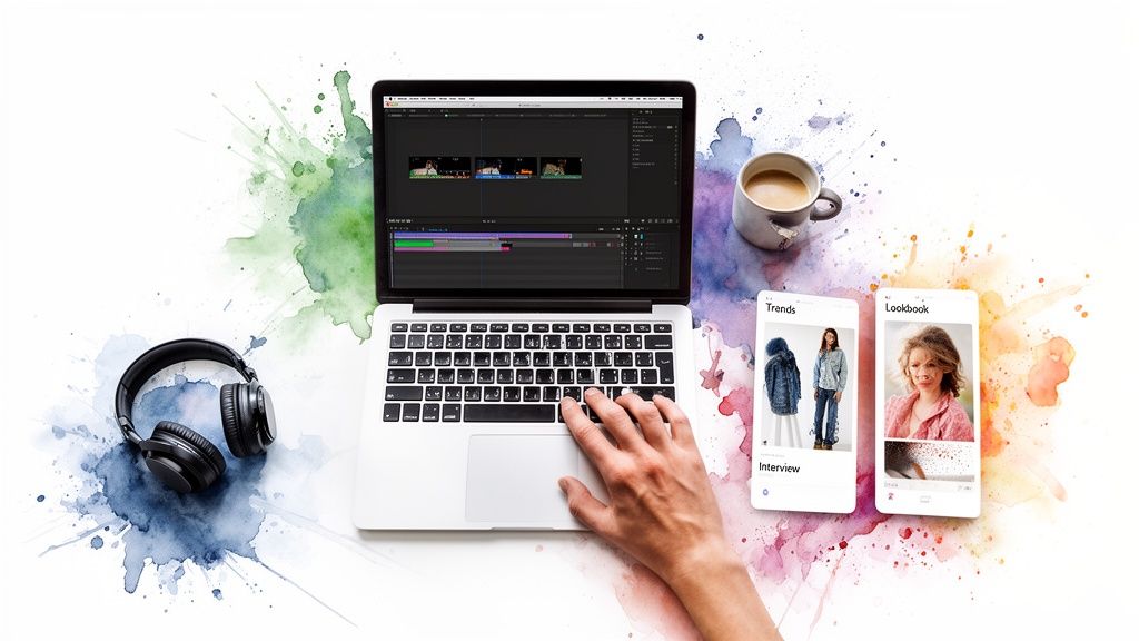 Overhead view of a person editing video on a laptop, with headphones, coffee, and fashion apps.