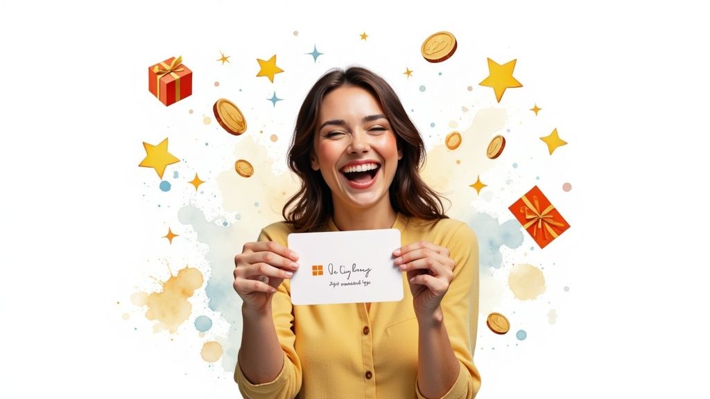 Smiling customer holding a branded shopping bag