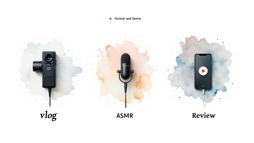 A visual guide illustrating different YouTube video formats: vlog, ASMR, and review, with corresponding equipment.