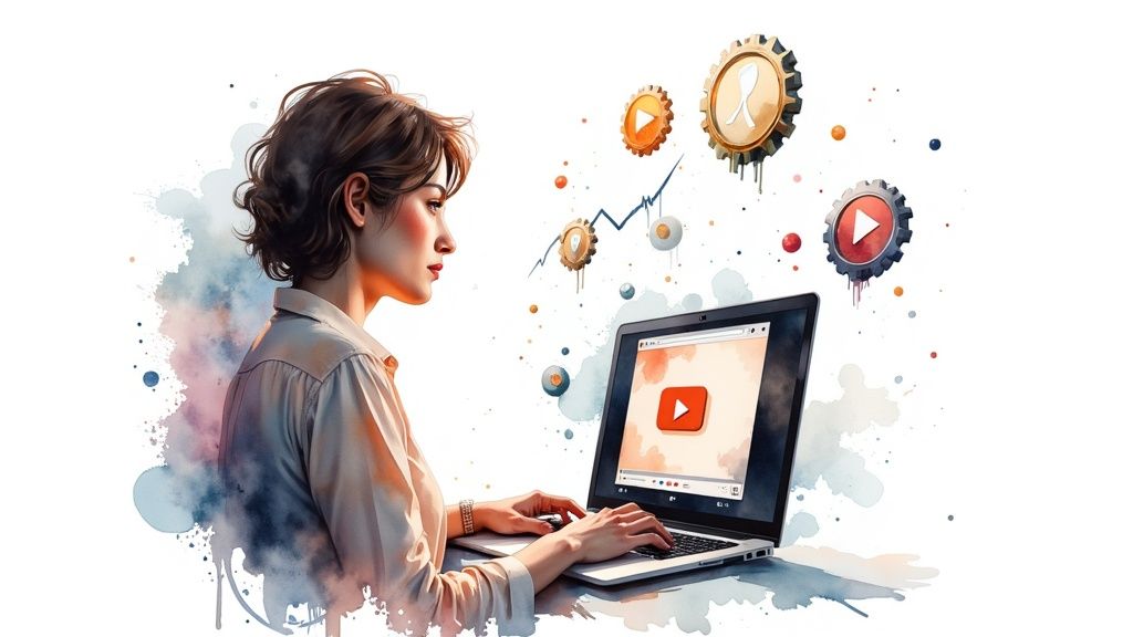 A person pointing at a screen showing video analytics, symbolizing the impact of a landing page video.