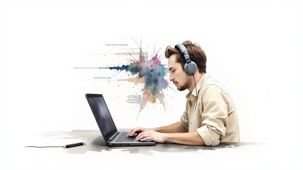 A person typing on a laptop with translation software on the screen