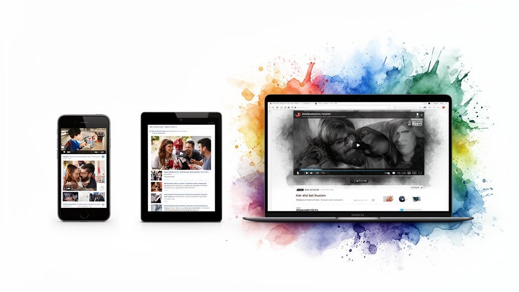 Three devices (smartphone, tablet, laptop) display engaging product videos and diverse media content on a vibrant watercolor background.