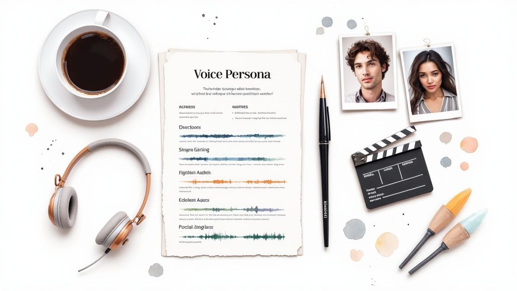 Flat lay of voice persona document, headphones, coffee, character photos, clapperboard, and pens.