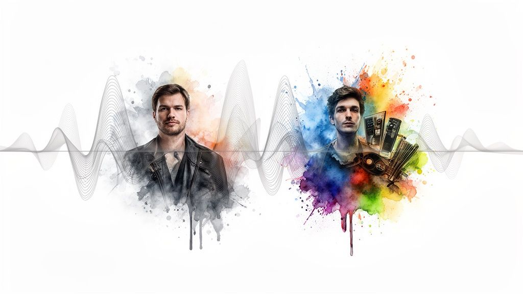 Artistic portrait of two men, one in grayscale, one with colorful music instruments and sound waves.