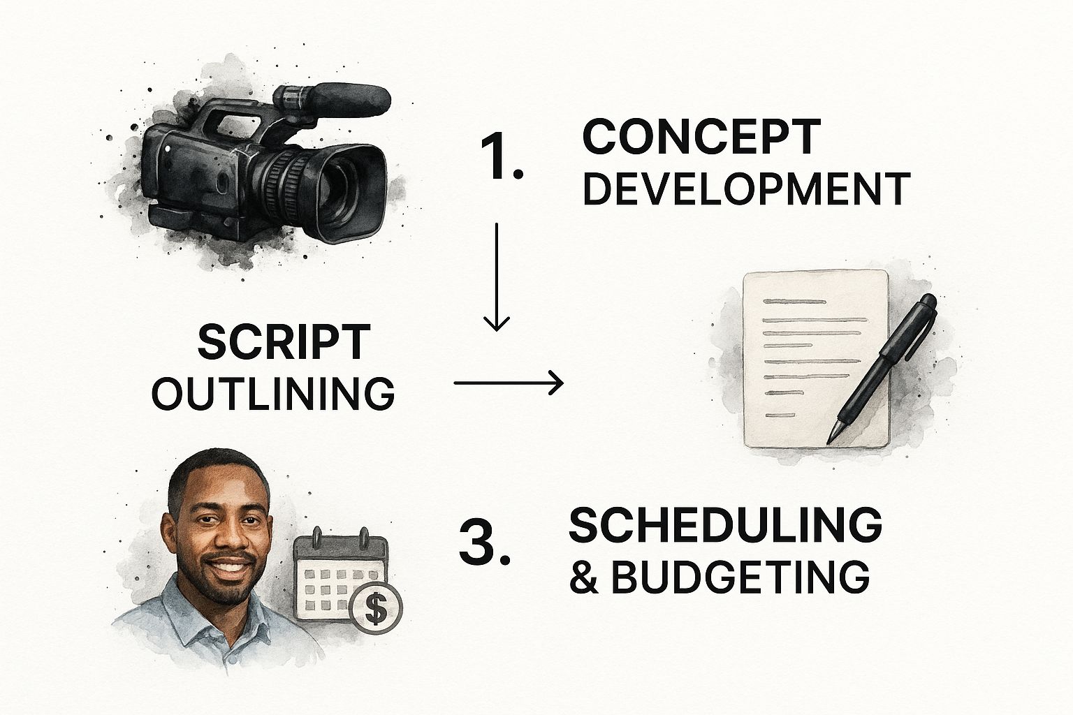 Infographic showing the three steps of pre-production: Concept, Script Outline, and Schedule & Budget