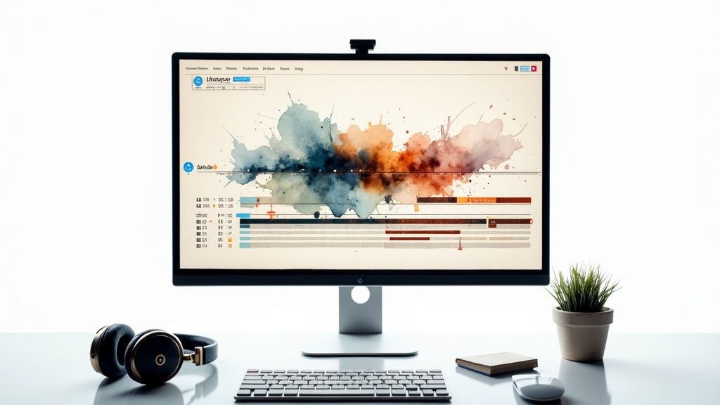 A modern desk setup with a monitor displaying colorful abstract art and data visualizations.